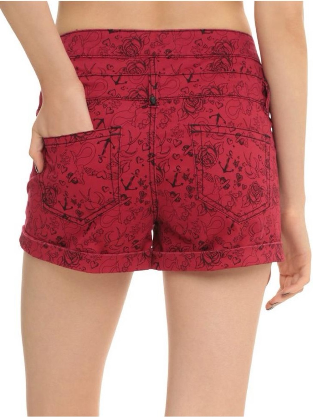 NWT Lovesick Red Printed High Waisted Denim Cuffed Shorts size 3
